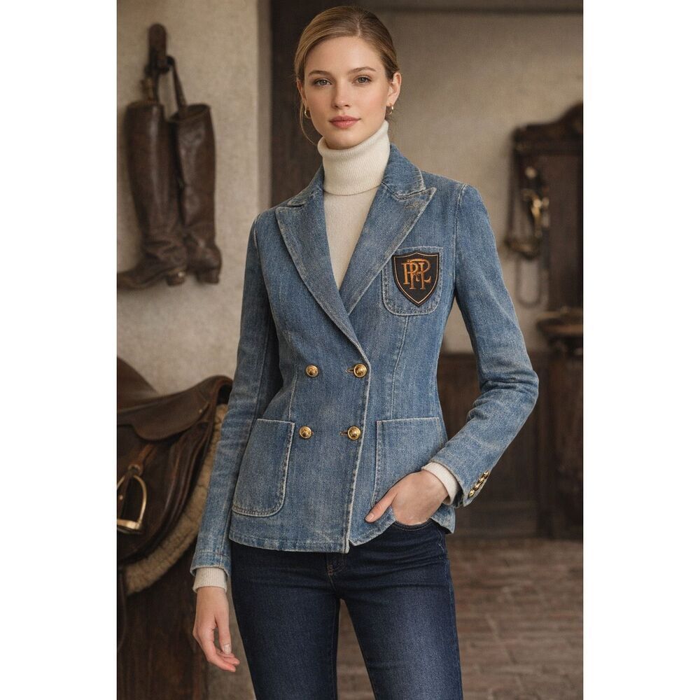 Polo Ralph Lauren Denim Crest Blazer Double Breasted Gold Button XS